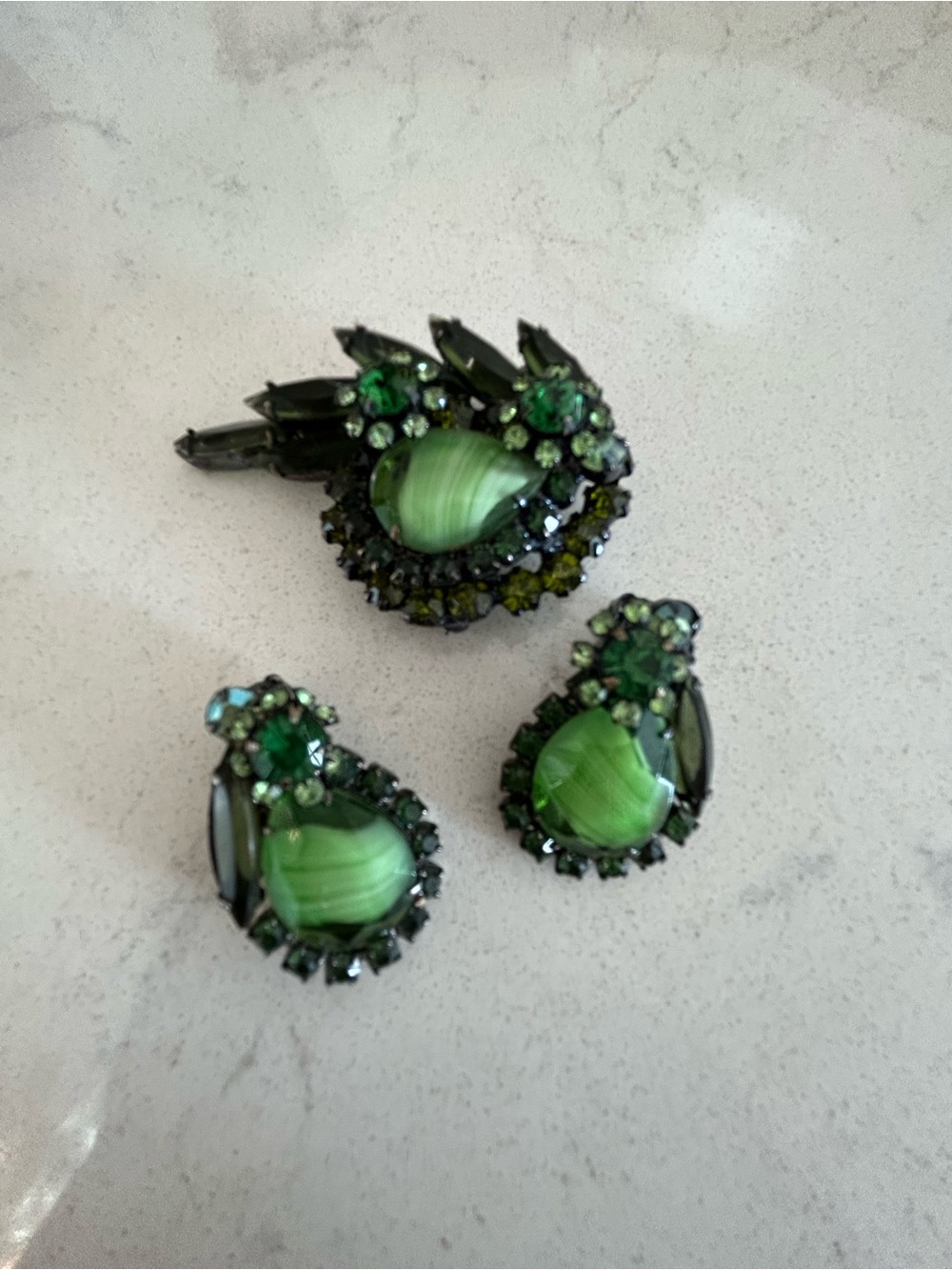 Juliana Green Earrings and Brooch Set - Japanned Finish with UV Glass